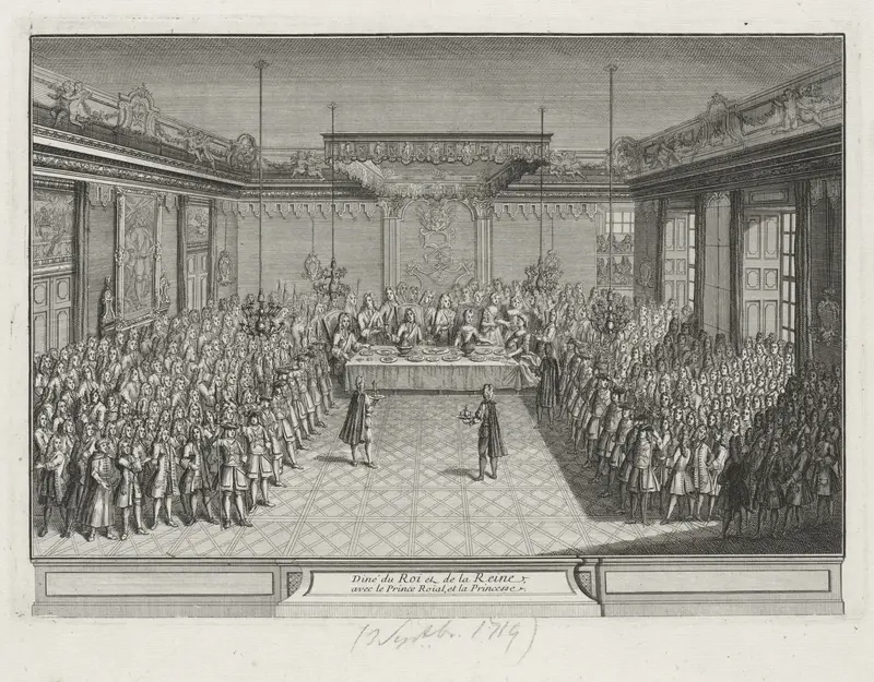 Auf einem historischen Stich ist das kurfürstliche Ehepaar unter einem Baldachin und umgeben von Zuschauenden zum Schauessen positioniert, der Stich ist um 1728 entstanden
