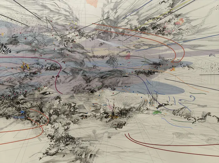 abstraktes Werk mit Strichen und Farbflächen