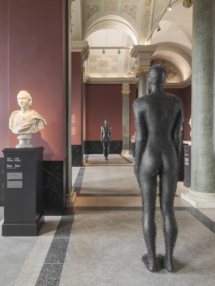 Zu sehen ist das Werk "Under my Skin" von Antony Gormley aus dem Jahr 1997, einem in Eisen ausgeführten einstigen Abgusses des Künstlers. Es ist gänzlich von stacheligen Eisenstiften überzogen. Das Werk ist in der Antikenhalle des Semperbaus gegenüber einer weiteren Arbeit Gormleys  installiert.